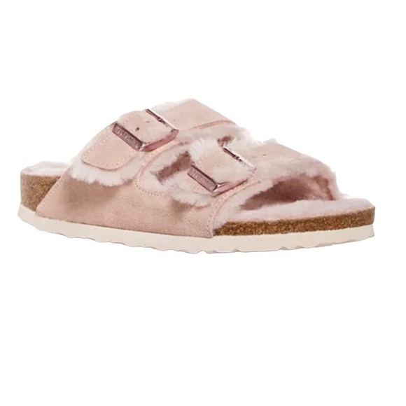 Birkenstock Shoes - Birkenstock Arizona Shearling Slide Sandals Pink Size 5 Suede Buckle Slip On